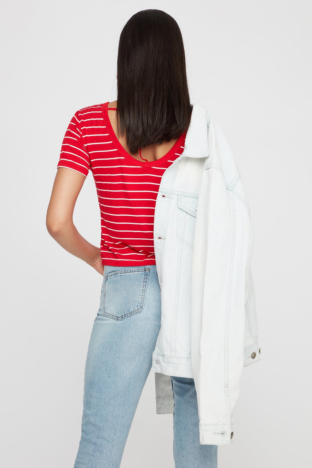 Women T-Back Striped Cropped T-Shirt Red