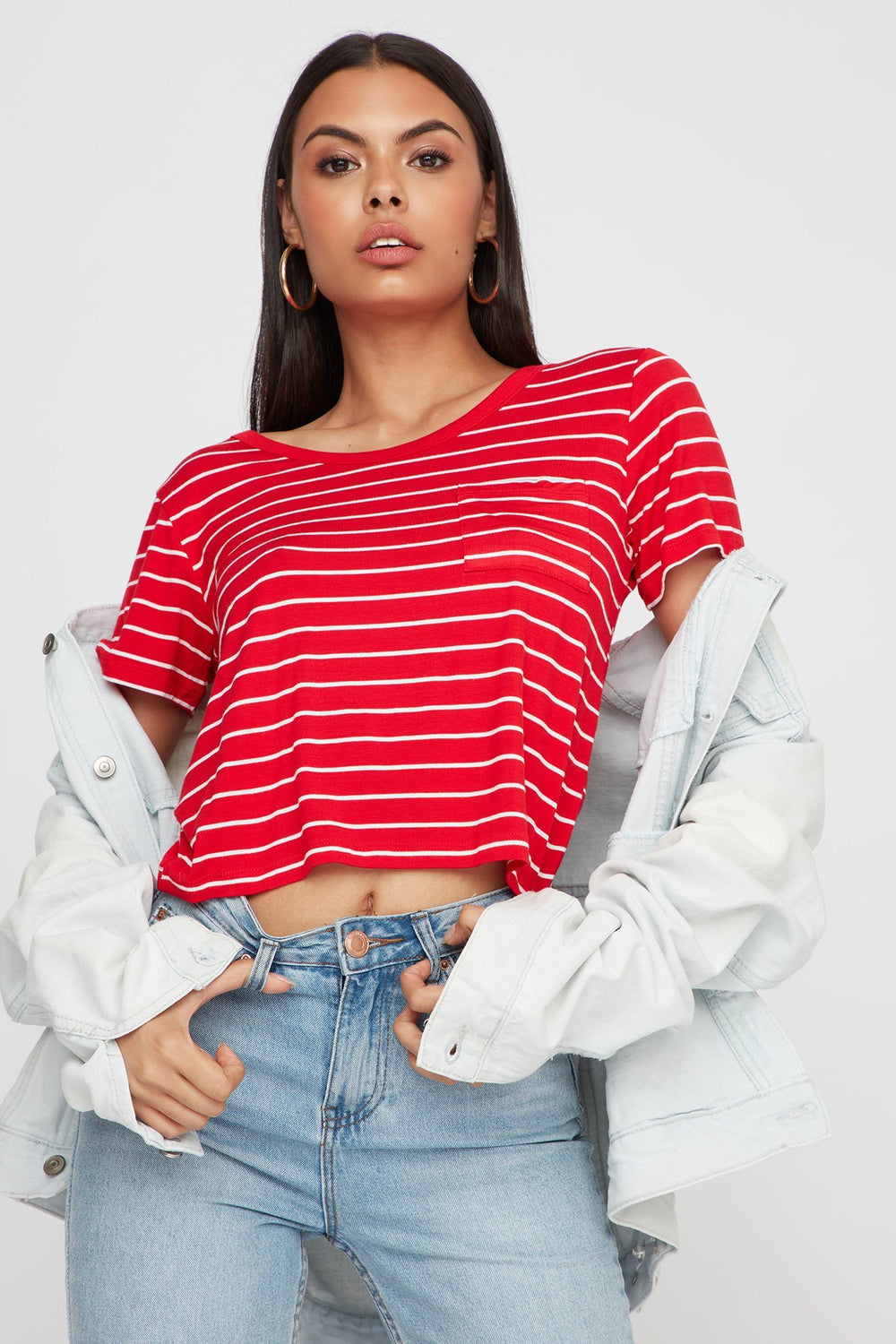 Women T-Back Striped Cropped T-Shirt Red