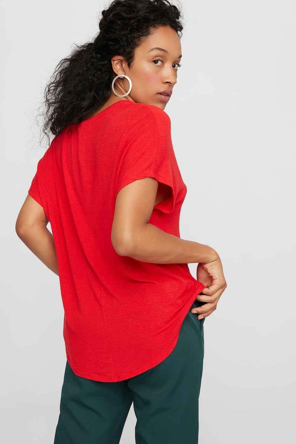 Women V-Neck  Basic Dolman T-Shirt Red