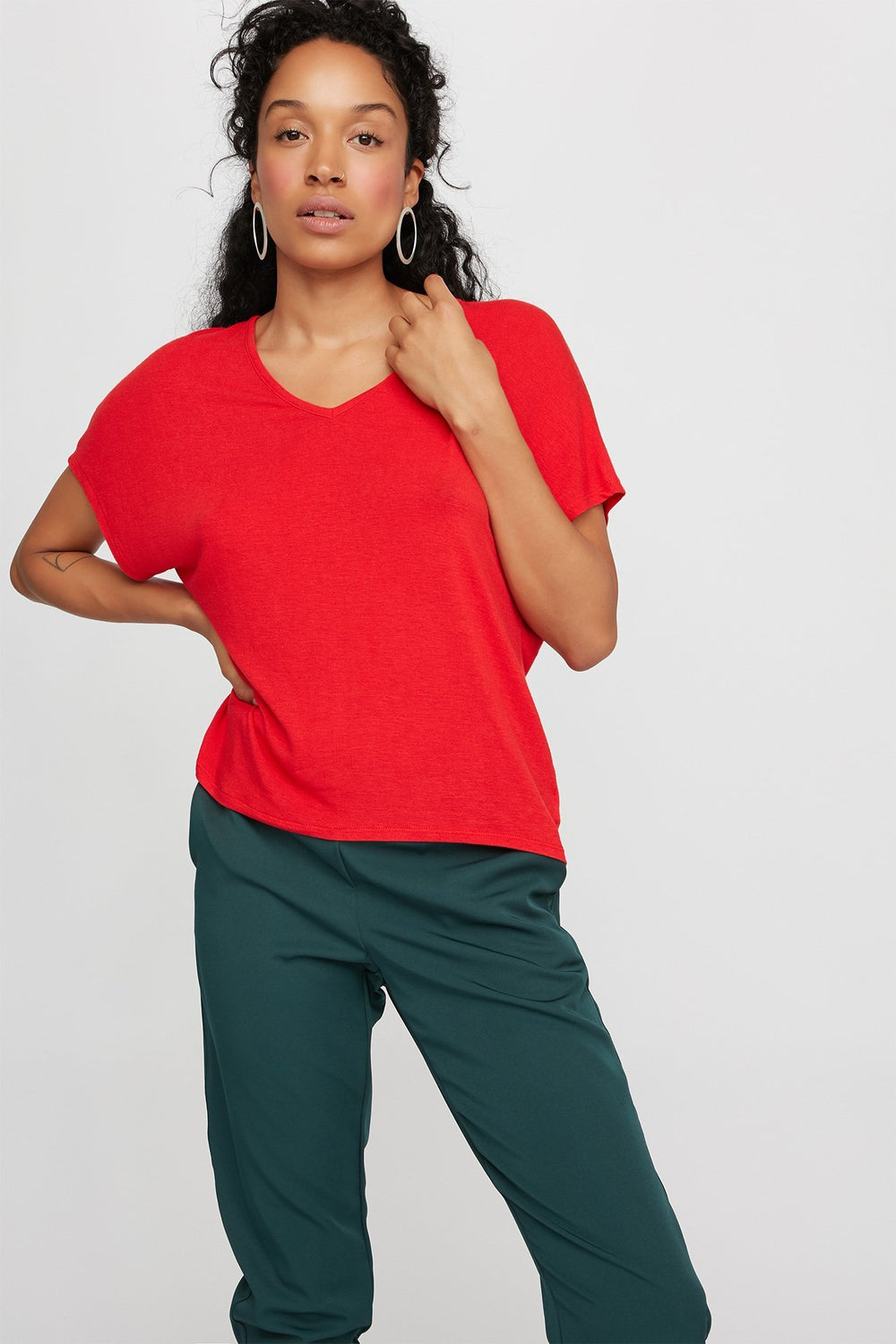 Women V-Neck  Basic Dolman T-Shirt Red