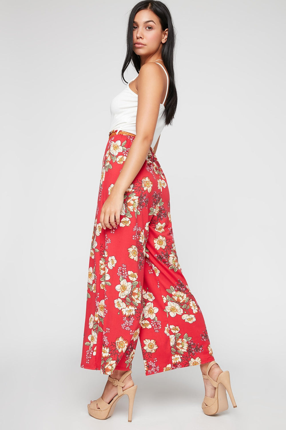 Women V-Neck Cami Floral Printed Jumpsuit With Braided Belt Red