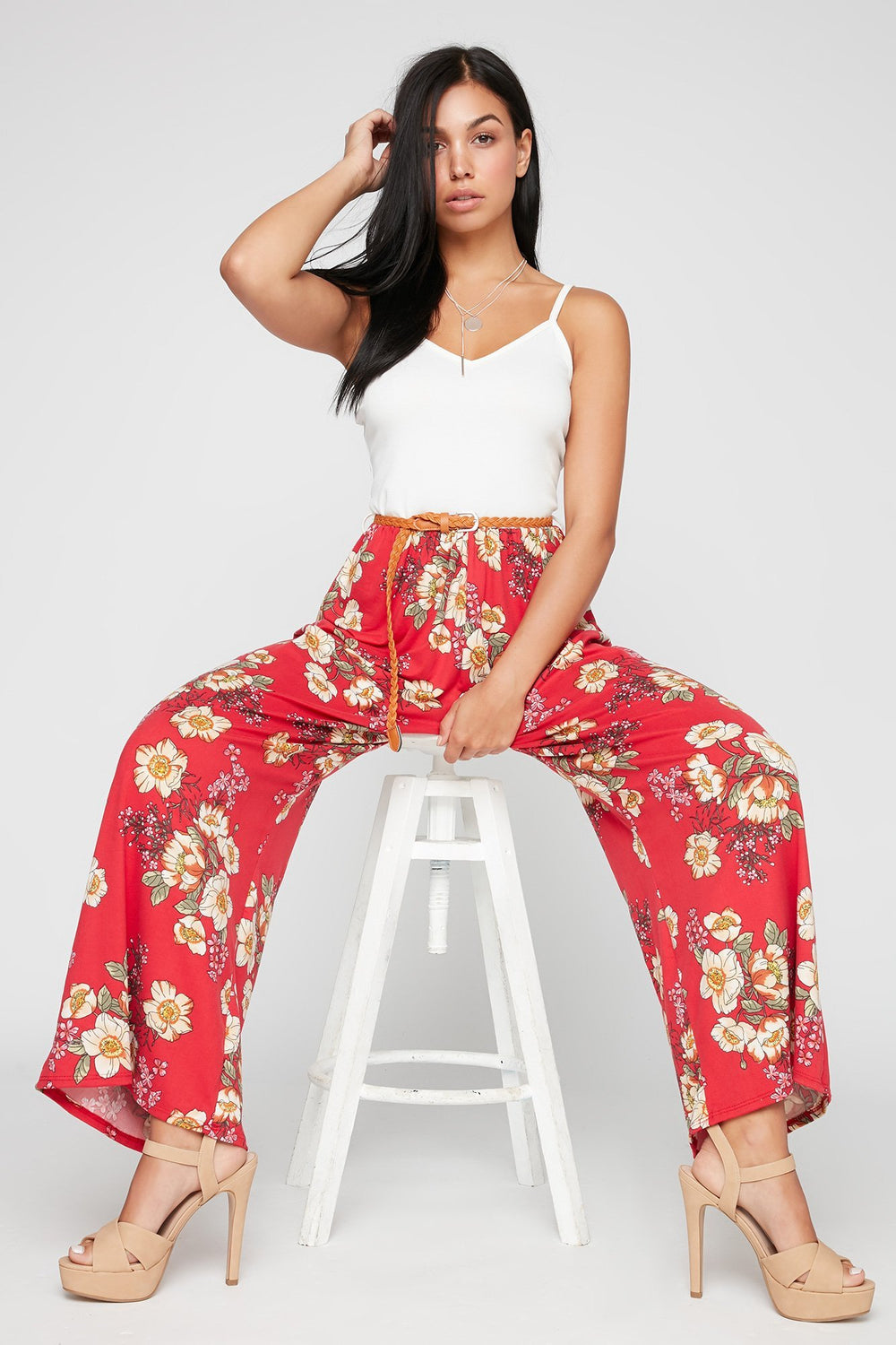 Women V-Neck Cami Floral Printed Jumpsuit With Braided Belt Red