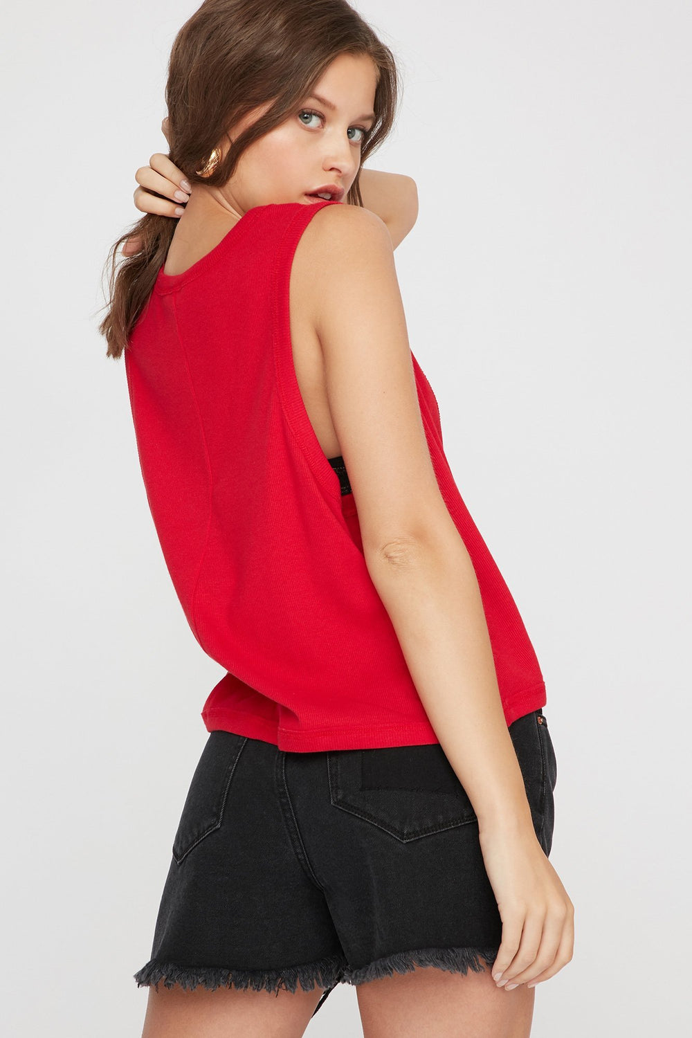 Women V-Neck Knit Oversized Tank Red