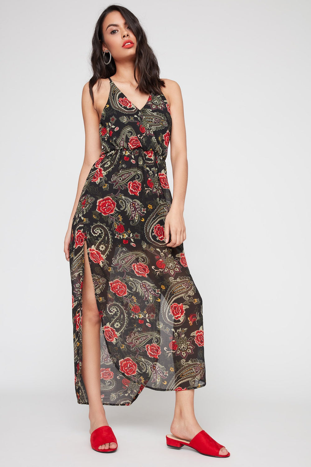 Women V-Neck Printed Side Slit Surplice Dress Red