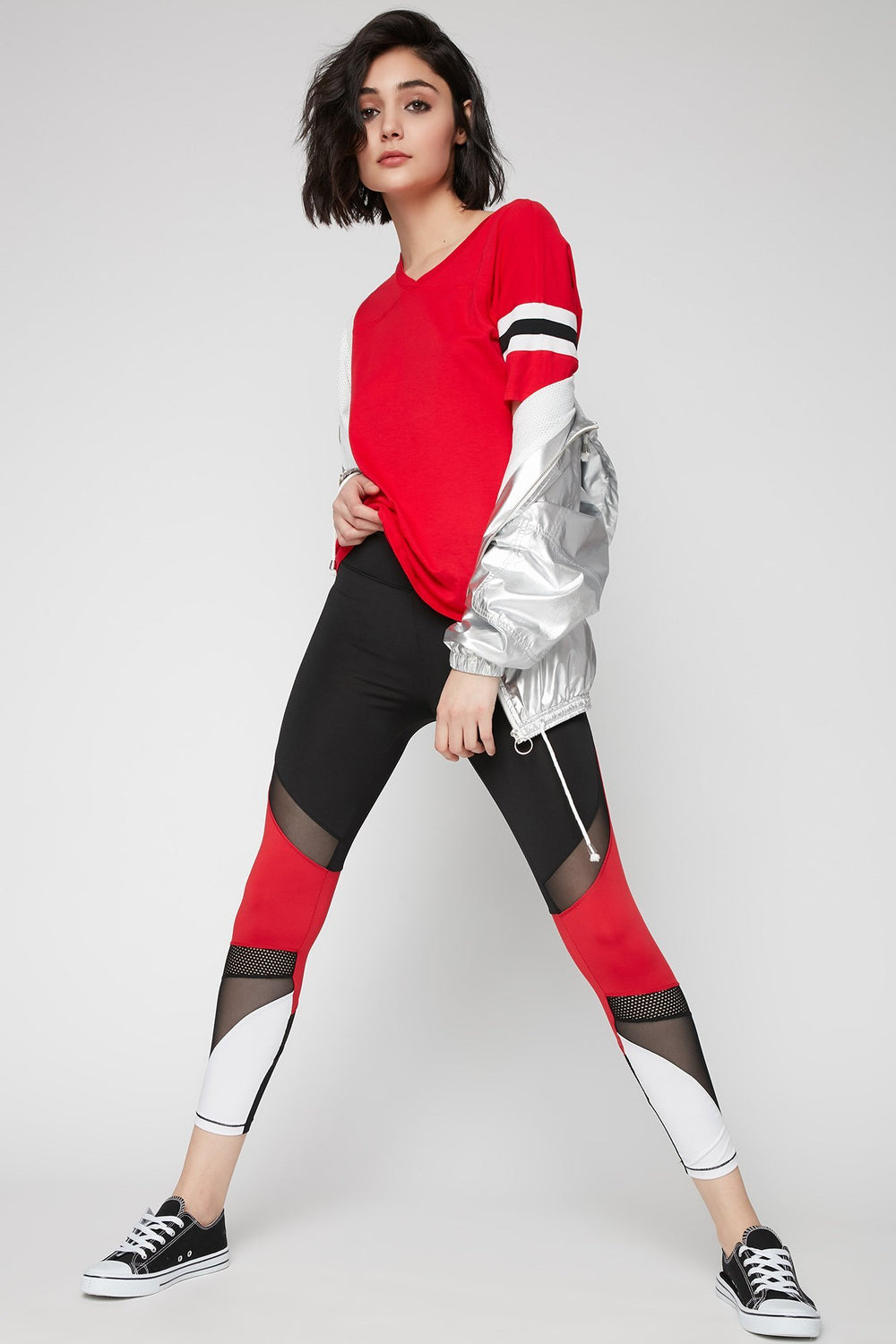 Women V-Neck Varsity Striped T-Shirt Red
