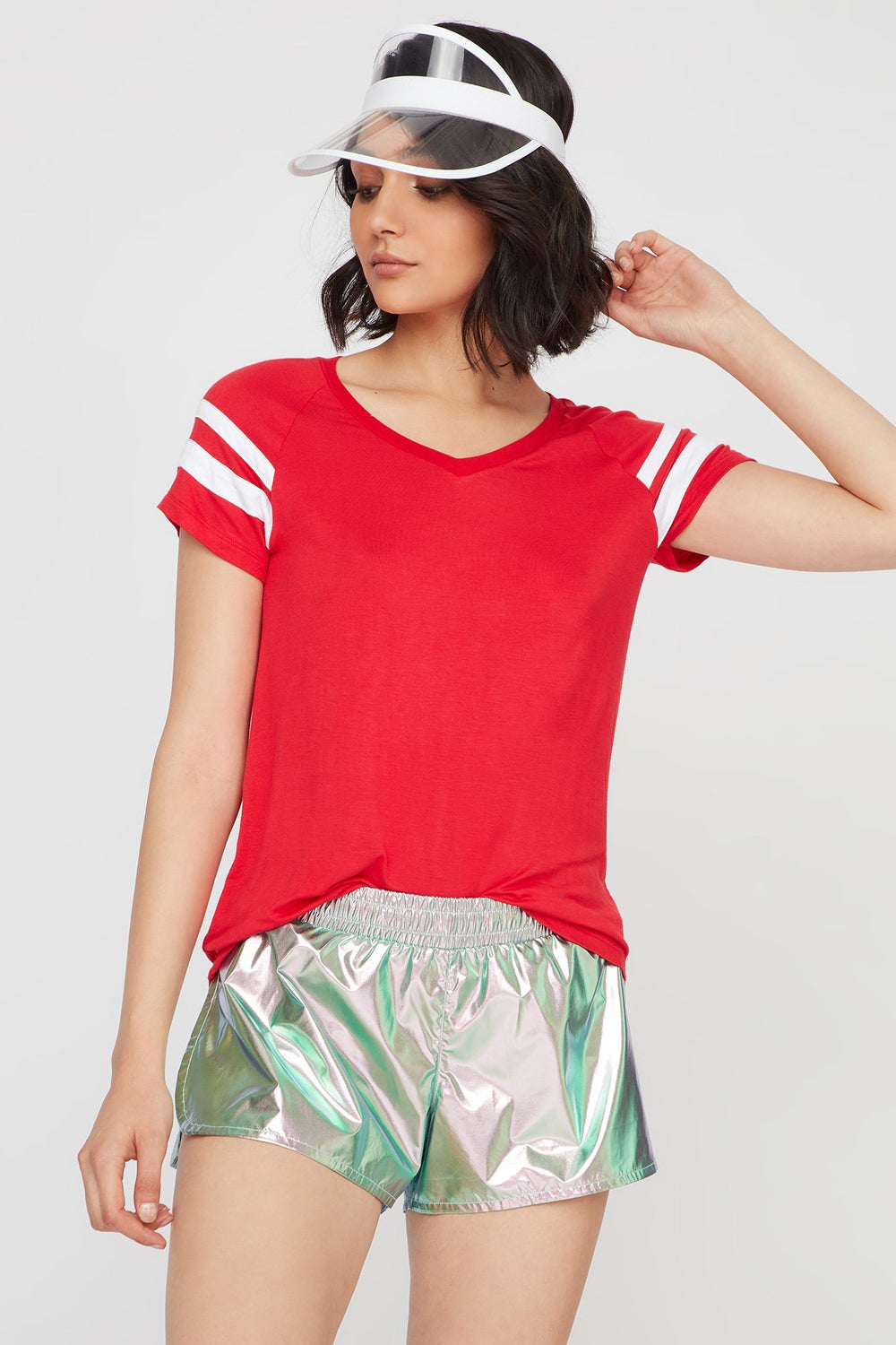 Women V-Neck Varsity Striped T-Shirt Red