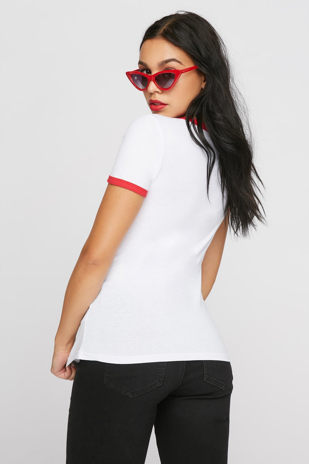 Women Varsity Striped Graphic Ringer T-Shirt Red