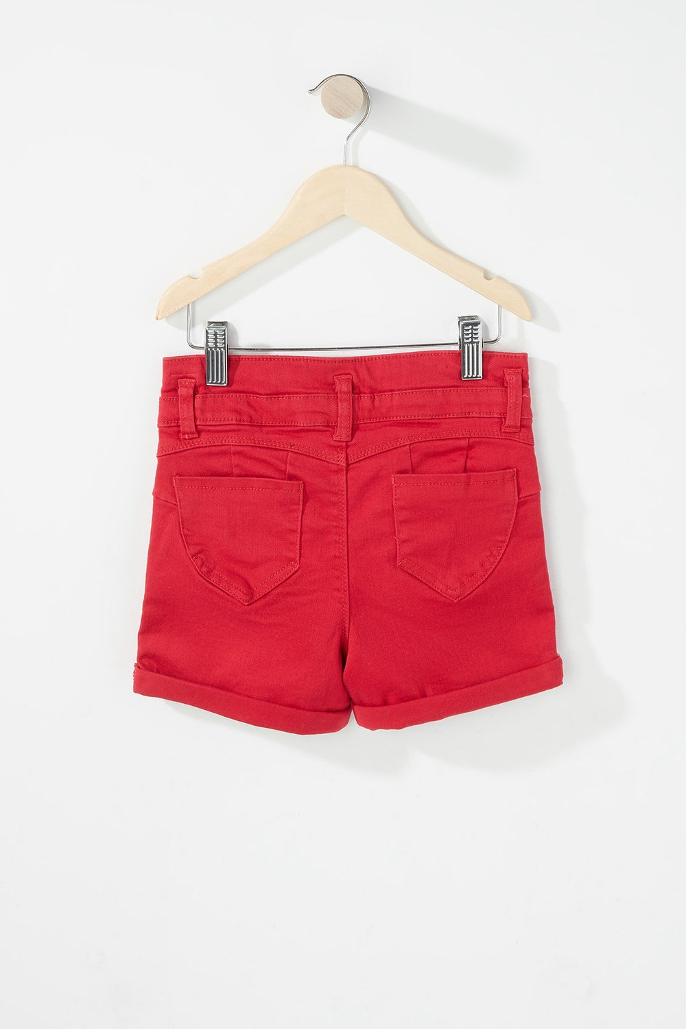 Kids Girls 3-Tier High-Rise Coloured Roll-Up Denim Short Red