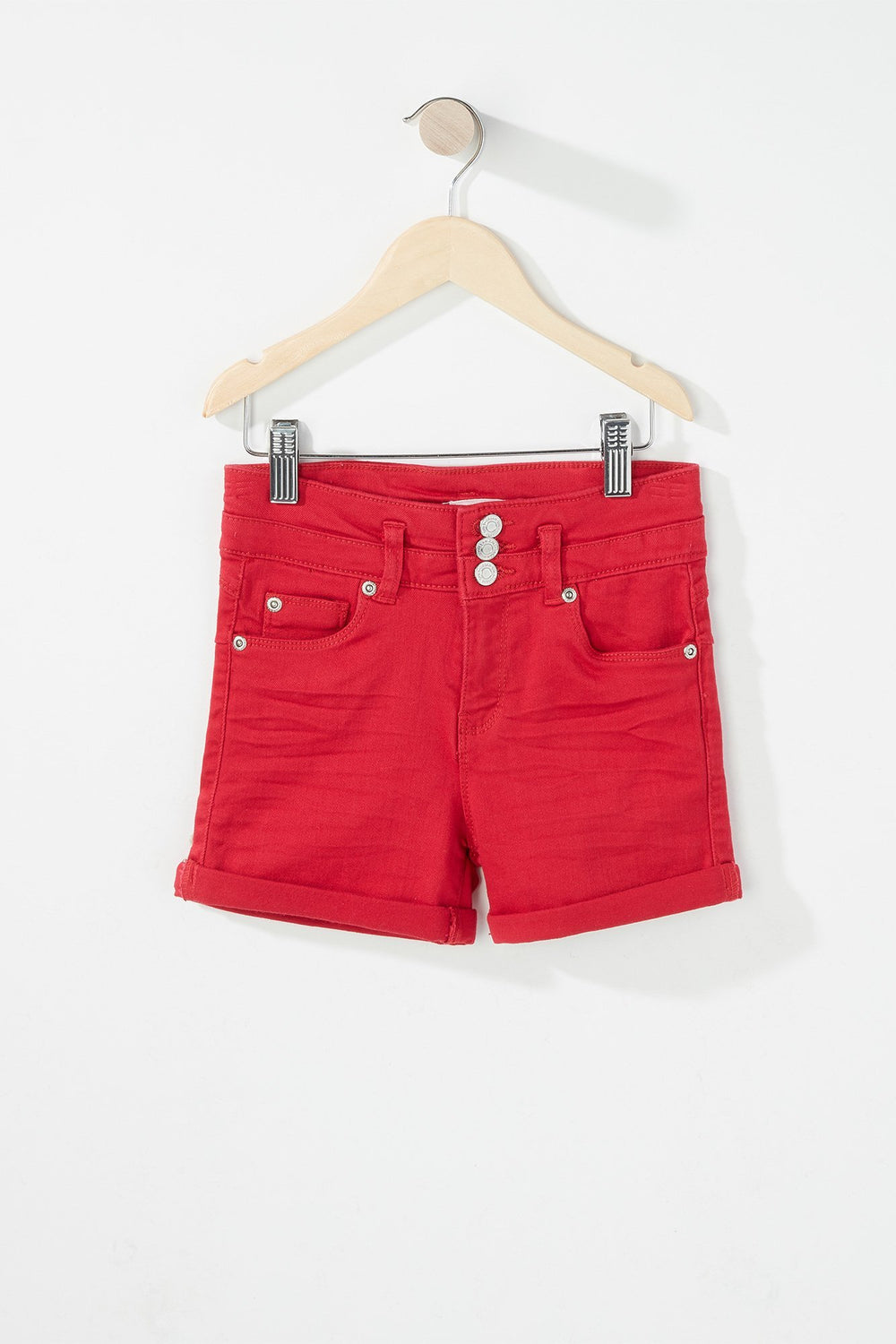 Kids Girls 3-Tier High-Rise Coloured Roll-Up Denim Short Red