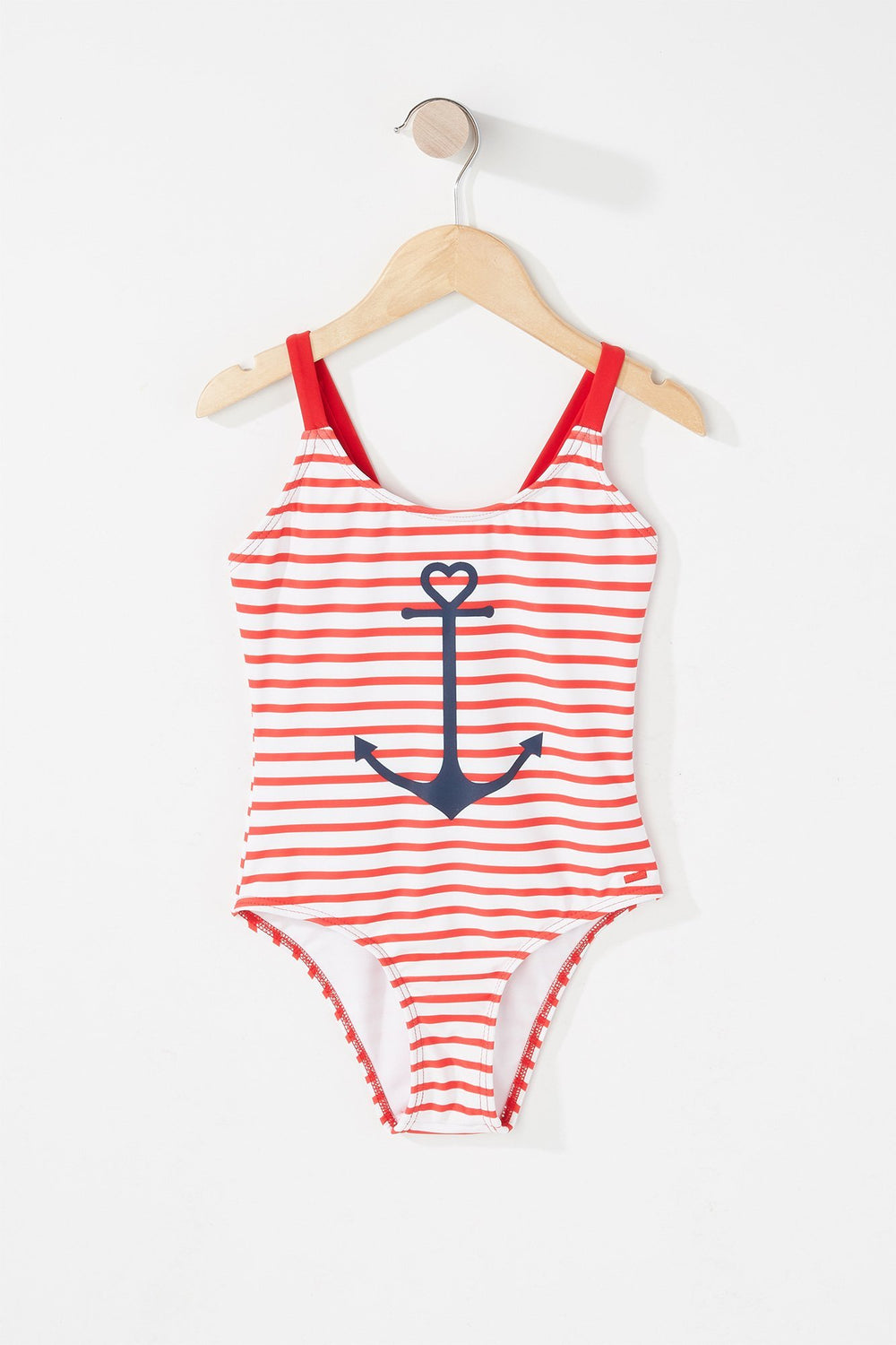 Kids Girls Anchor Striped One-Piece Swimsuit Red