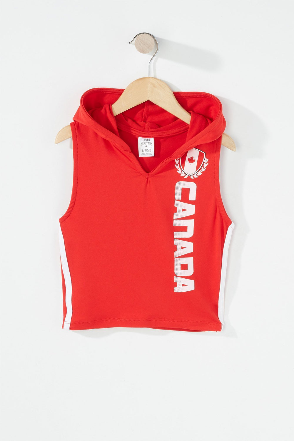 Kids Girls Canada Side Stripe Cropped Graphic Hooded Tank Red