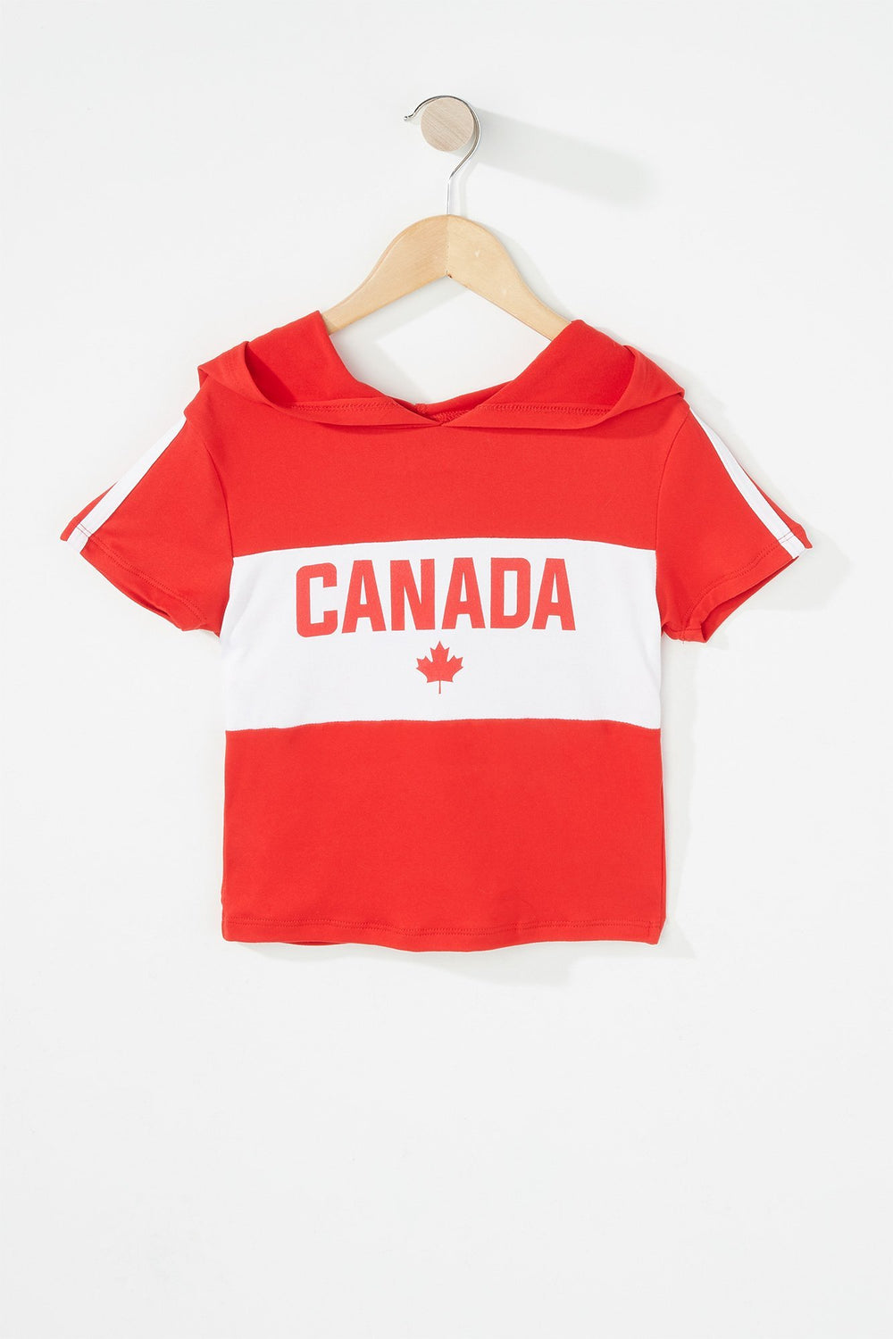 Kids Girls Canada Side Stripe Cropped Hooded T-Shirt Red