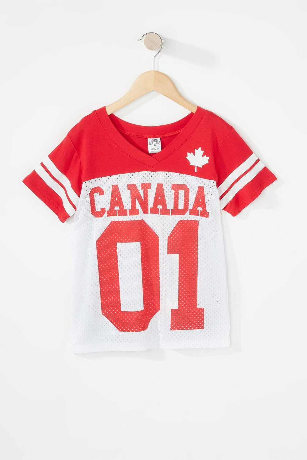 Kids Girls Canada V-Neck Mesh Varsity Striped T-Shirt Red