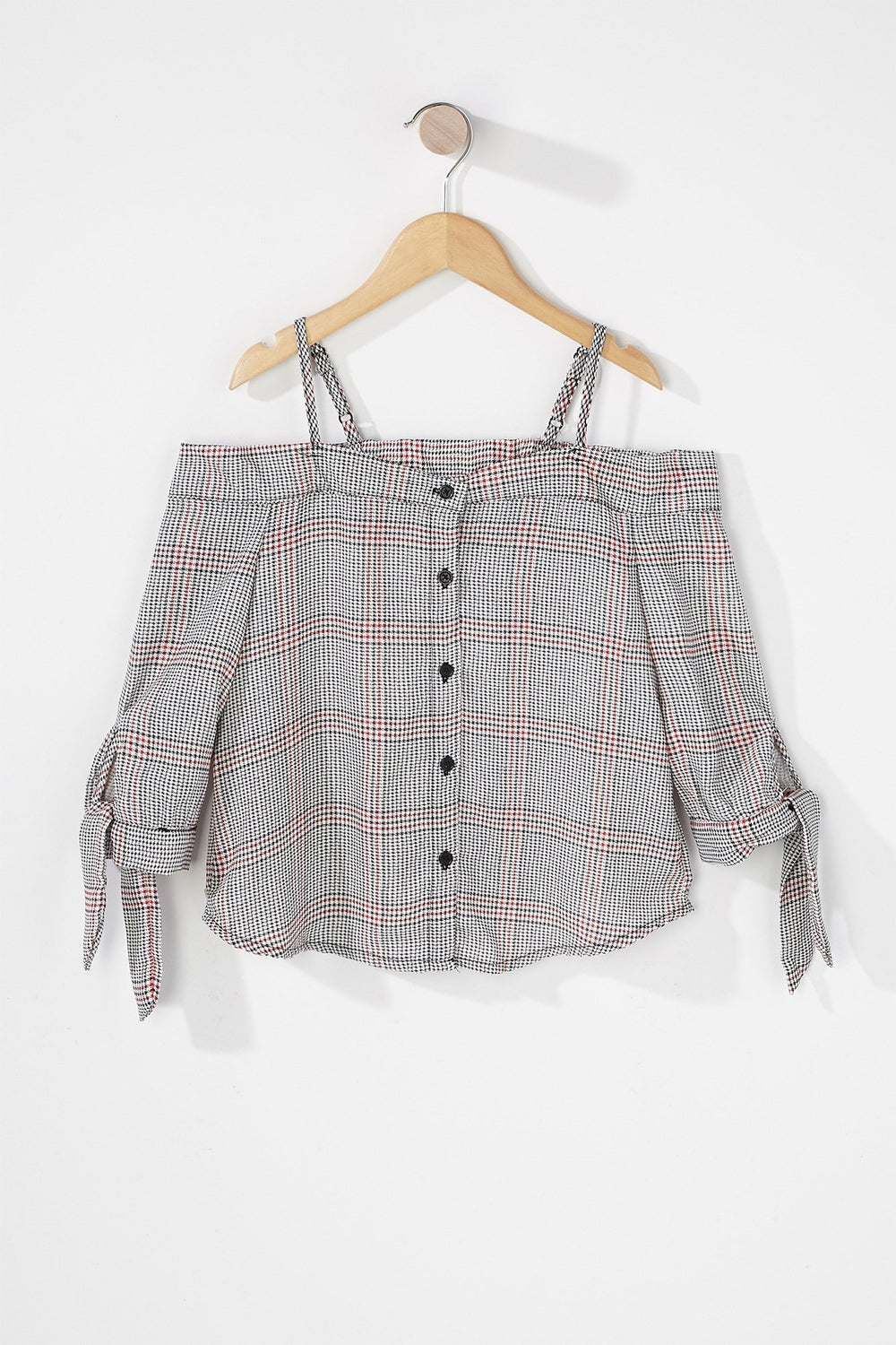 Kids Girls Cold Shoulder Button-Up Sleeve-Tie Blouse Red