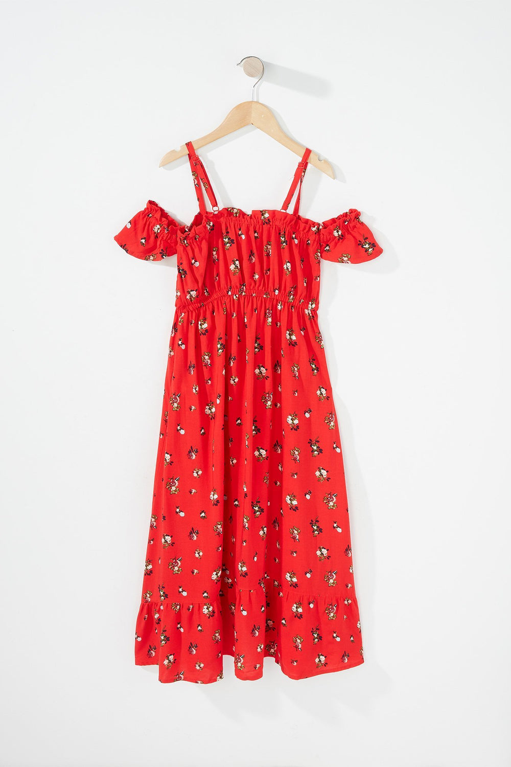 Kids Girls Cold Shoulder Floral Ruffle Button-Up Maxi Dress Red