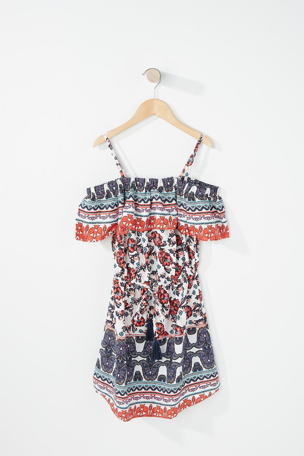 Kids Girls Cold Shoulder Ruffle Drawstring Printed Dress Red
