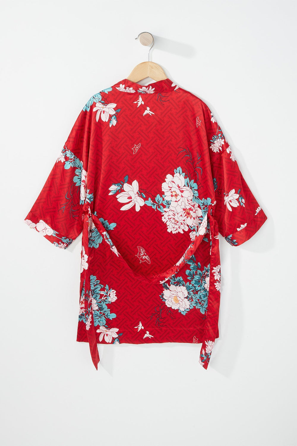 Kids Girls Floral Belted Kimono Red
