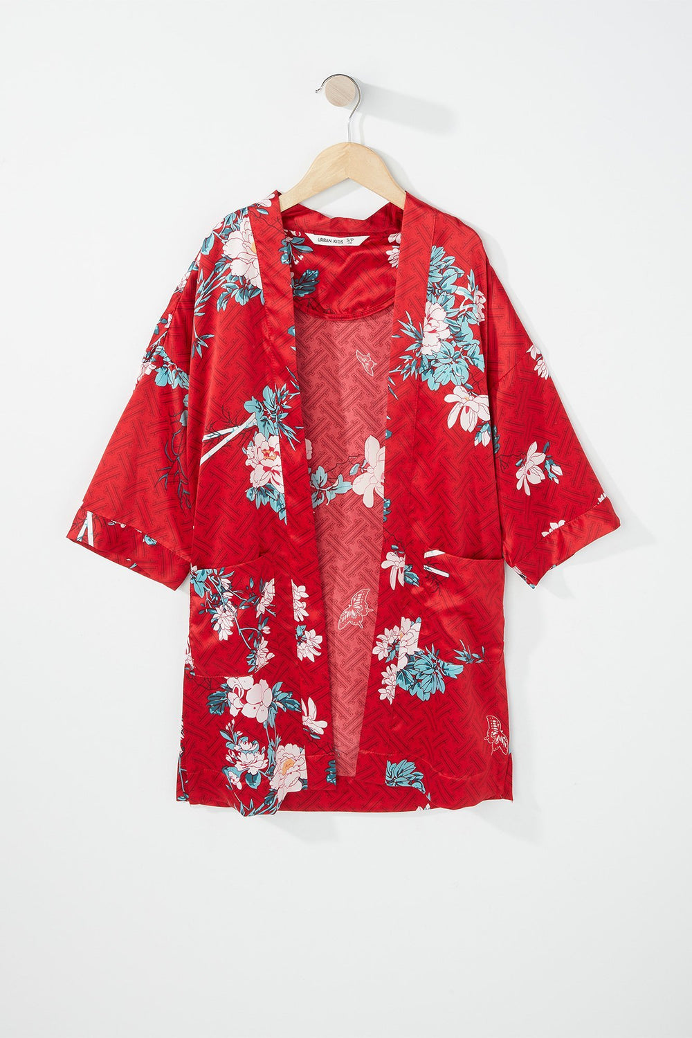 Kids Girls Floral Belted Kimono Red