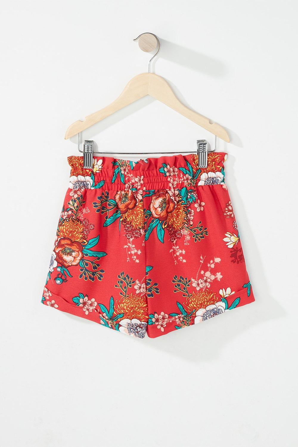 Kids Girls Floral Ruffle Drawstring Paperbag Short Red