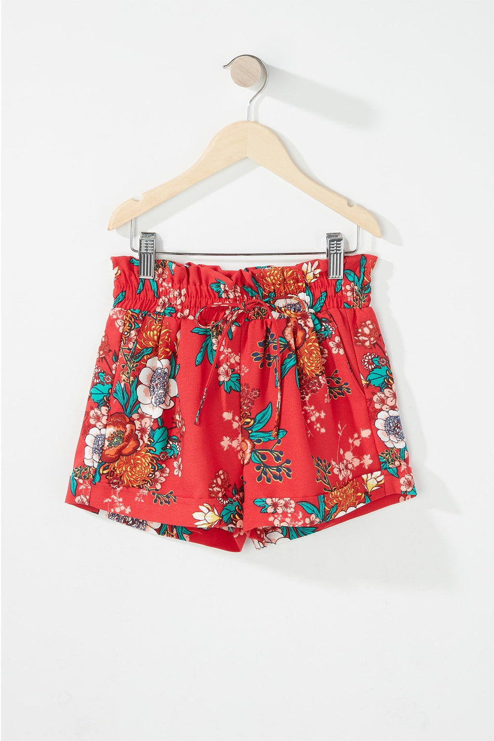 Kids Girls Floral Ruffle Drawstring Paperbag Short Red