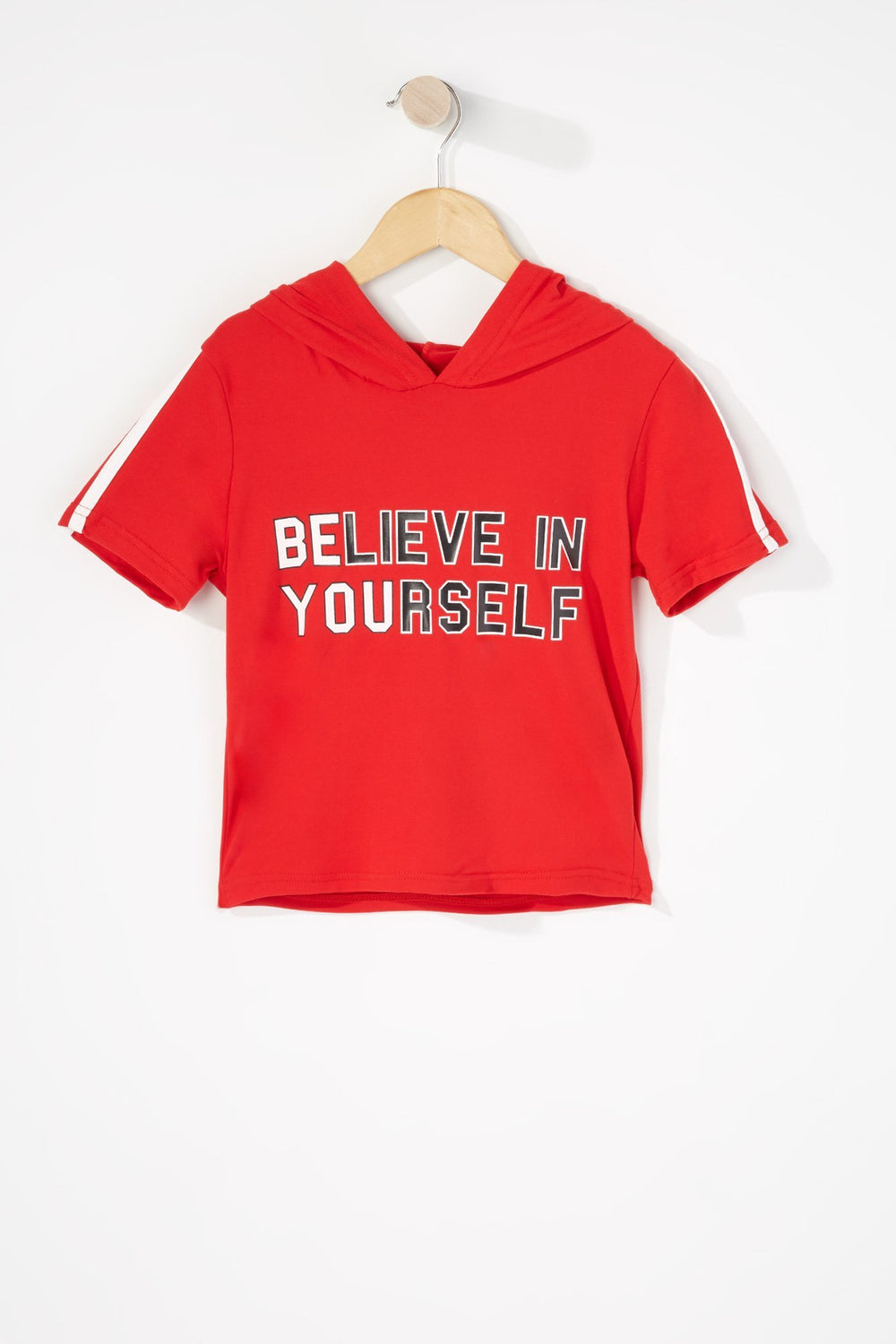 Kids Girls Side Stripe Graphic Hooded Popover T-Shirt Red