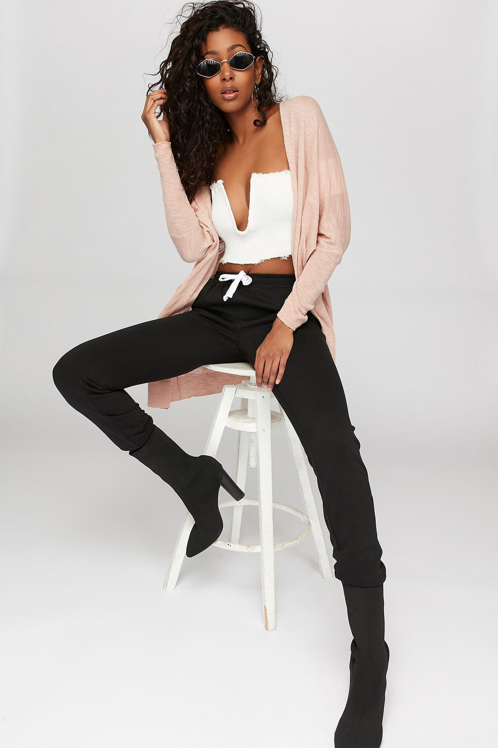 Women Cardigan surdimensionné ouvert Rose pâle