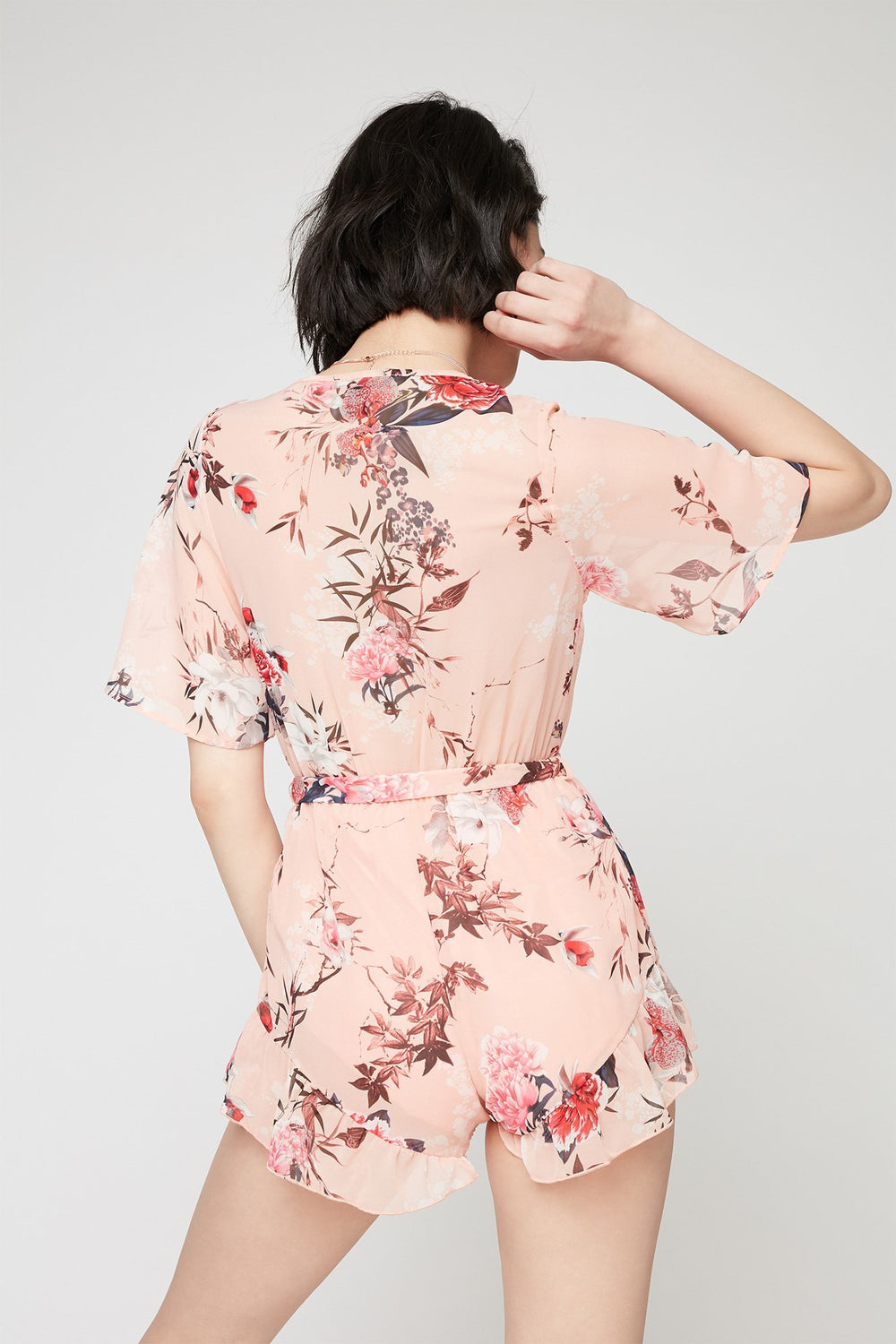 Women Combi-short volanté fleuri avec attache Rose pâle