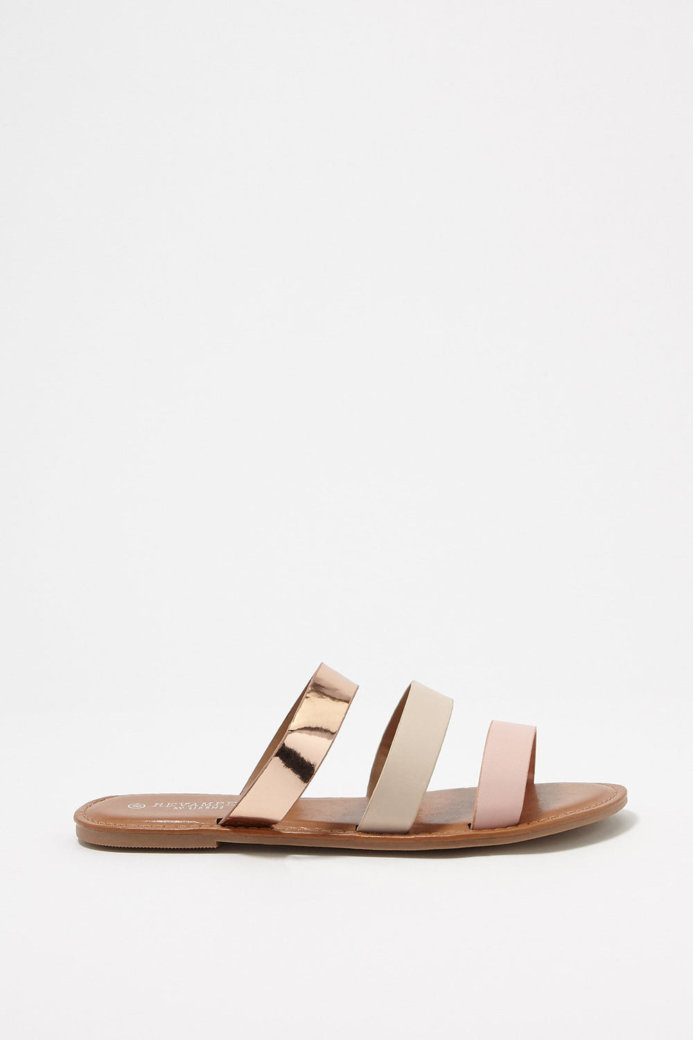 Women Sandales à enfiler en similicuir métallisé avec bandes triples Rose pâle