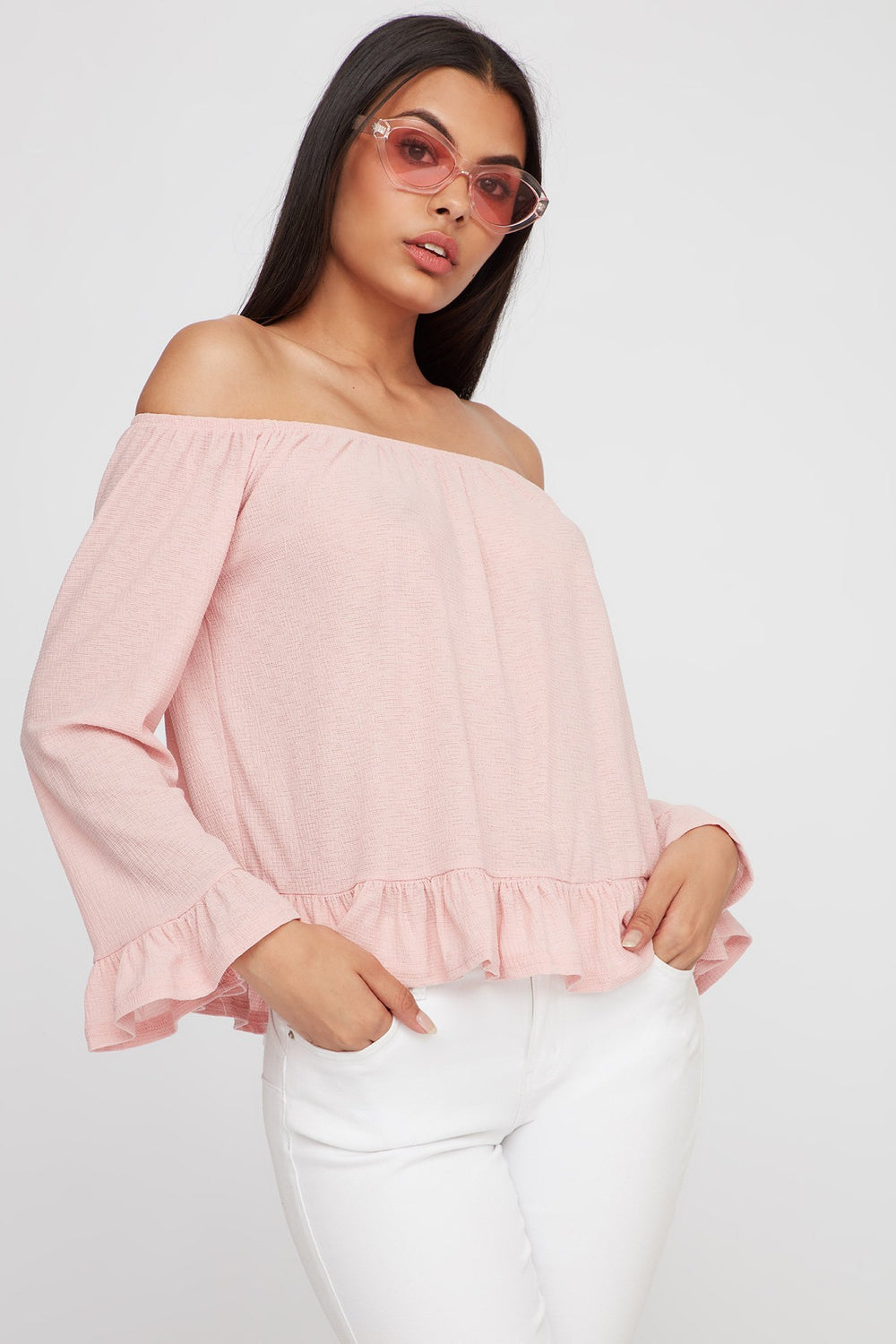 Women Blouse à basque à manches évasées volantées et épaules dénudées Rose pâle