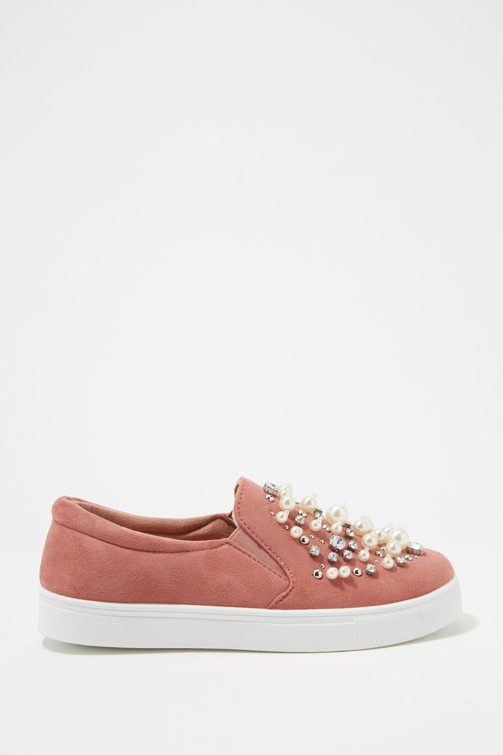 Women Espadrilles à enfiler avec perles, pierres du Rhin et clous Rose pâle
