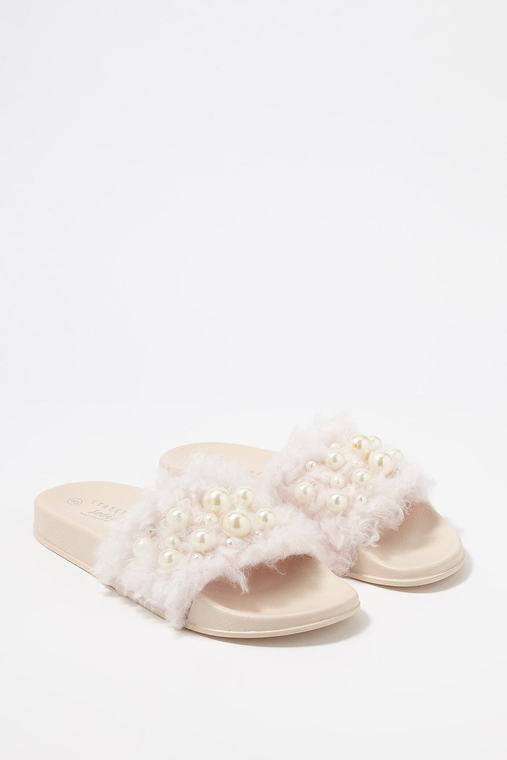Women Mules en similifourrure avec perles Rose pâle