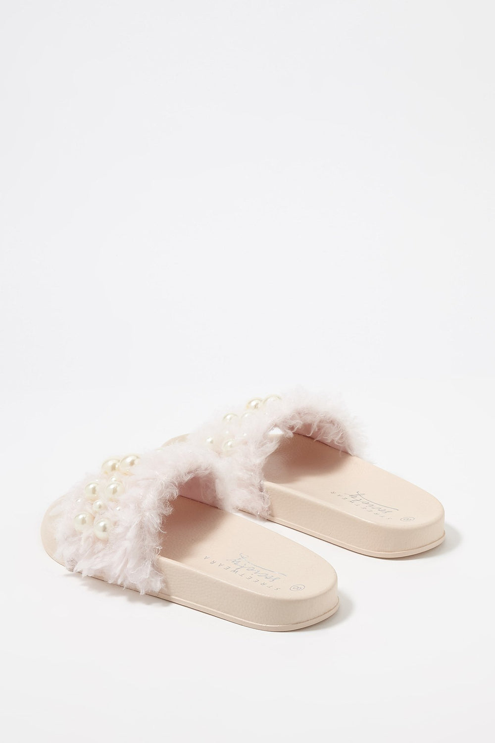 Women Mules en similifourrure avec perles Rose pâle