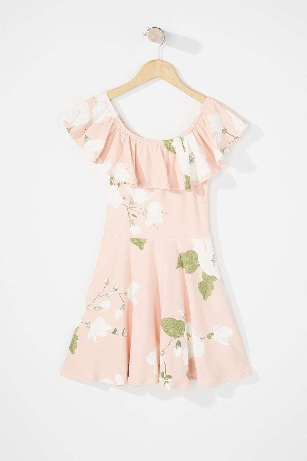 Kids Robe à plis volantée fleurie à épaules dénudées pour fille Rose pâle