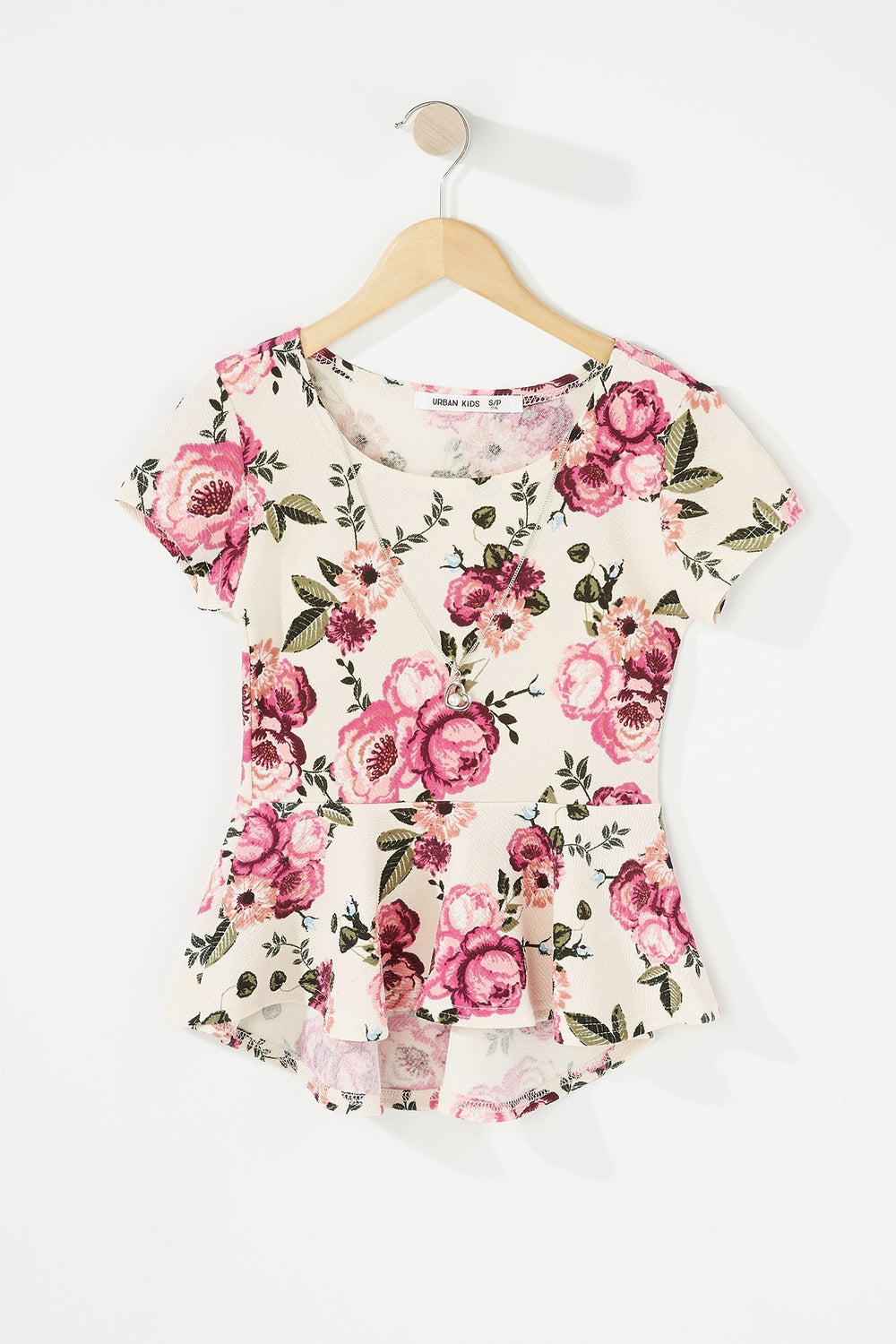 Kids T-shirt à basque fleuri à encolure arrondie avec collier pour fille Rose pâle