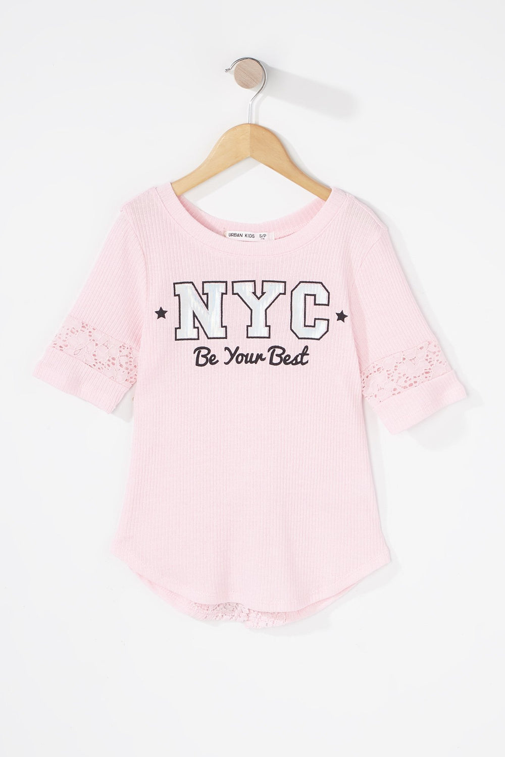 Kids T-shirt crocheté côtelé imprimé à ourlet arrondi Rose pâle
