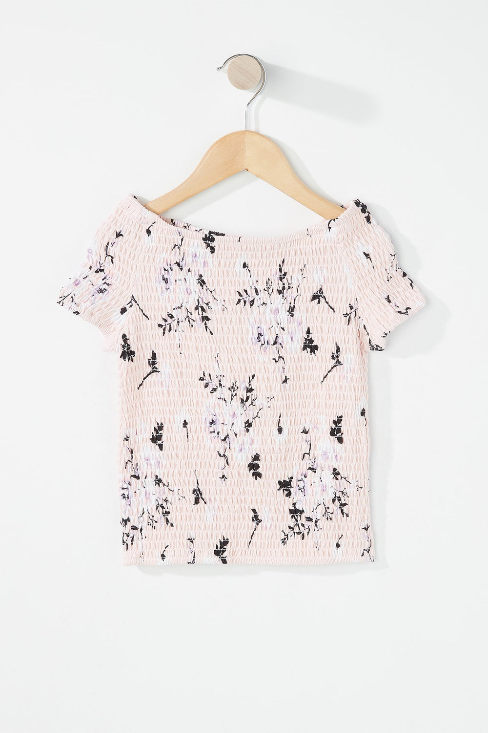 Kids T-shirt smocké fleuri à épaules dénudées pour fille Rose pâle