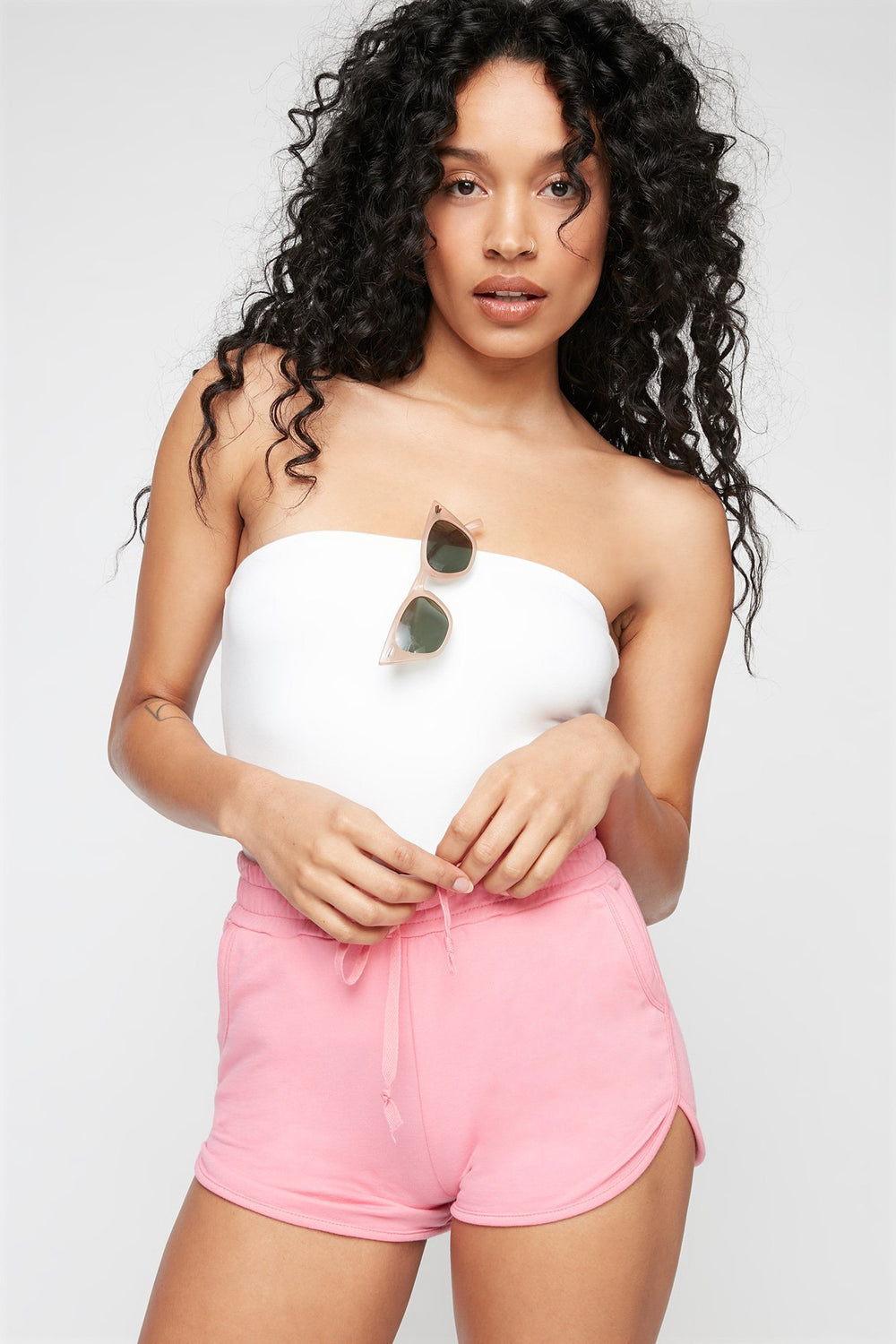 Women Short à liséré contrastant avec taille coulissante Rose poudré