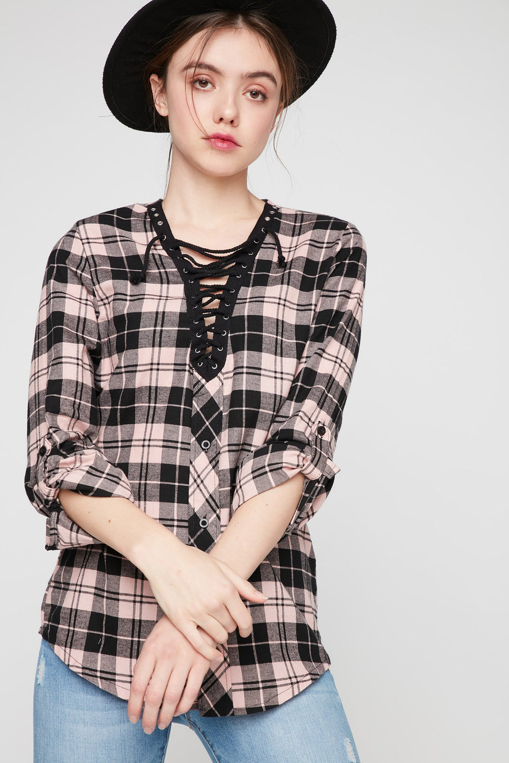 Women Blouse boutonnée lacée à carreaux Rose poudré