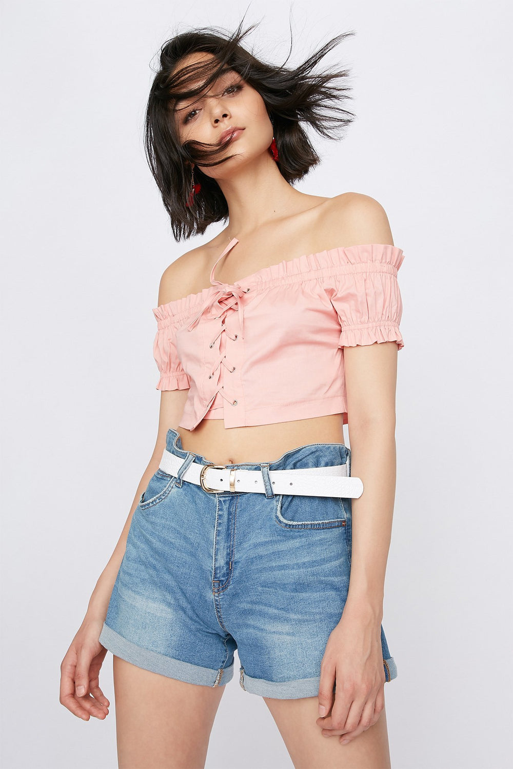 Women Blouse courte volantée lacée à épaules dénudées Rose poudré