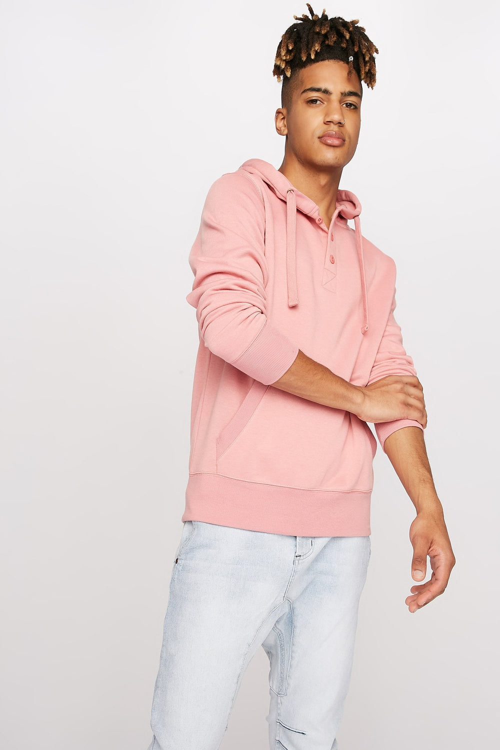 Men Haut henley à capuchon à enfiler avec taille coulissante Rose poudré