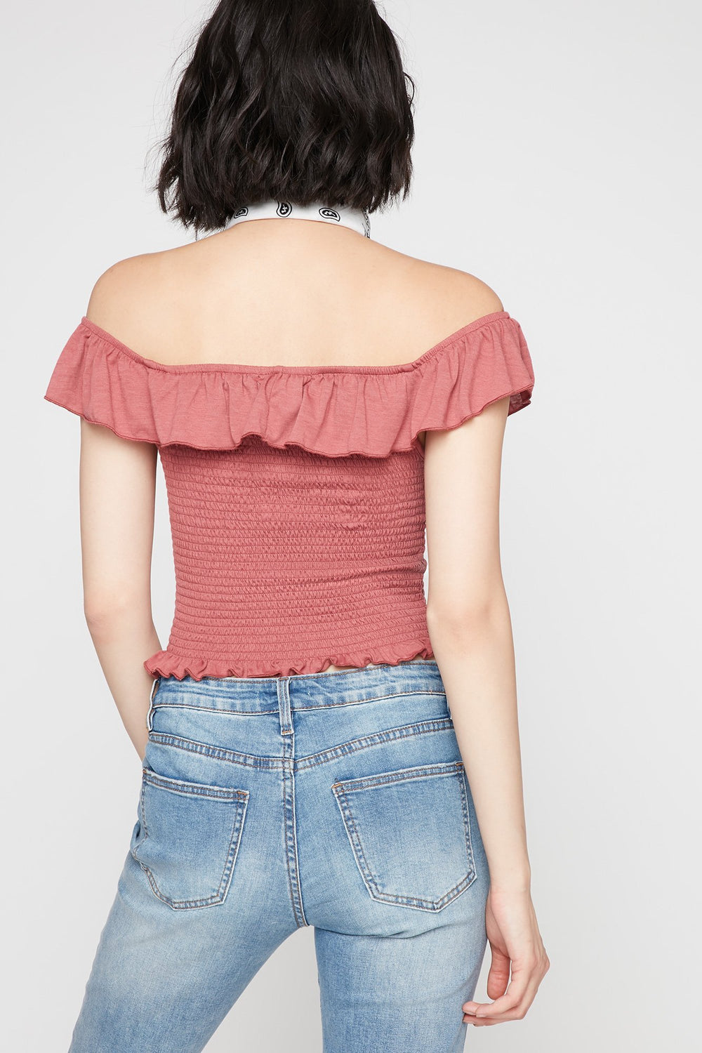 Women T-shirt court volanté smocké à épaules dénudées Rose poudré