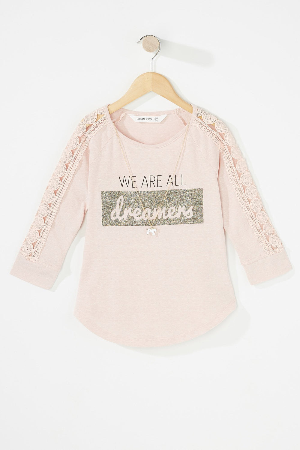 Kids Haut crocheté à rayures latérales et manches longues avec collier pour fille Rose poudré