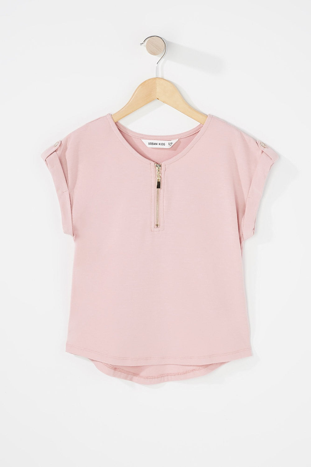 Kids T-shirt à revers roulés et demi-fermeture à glissière pour fille Rose poudré