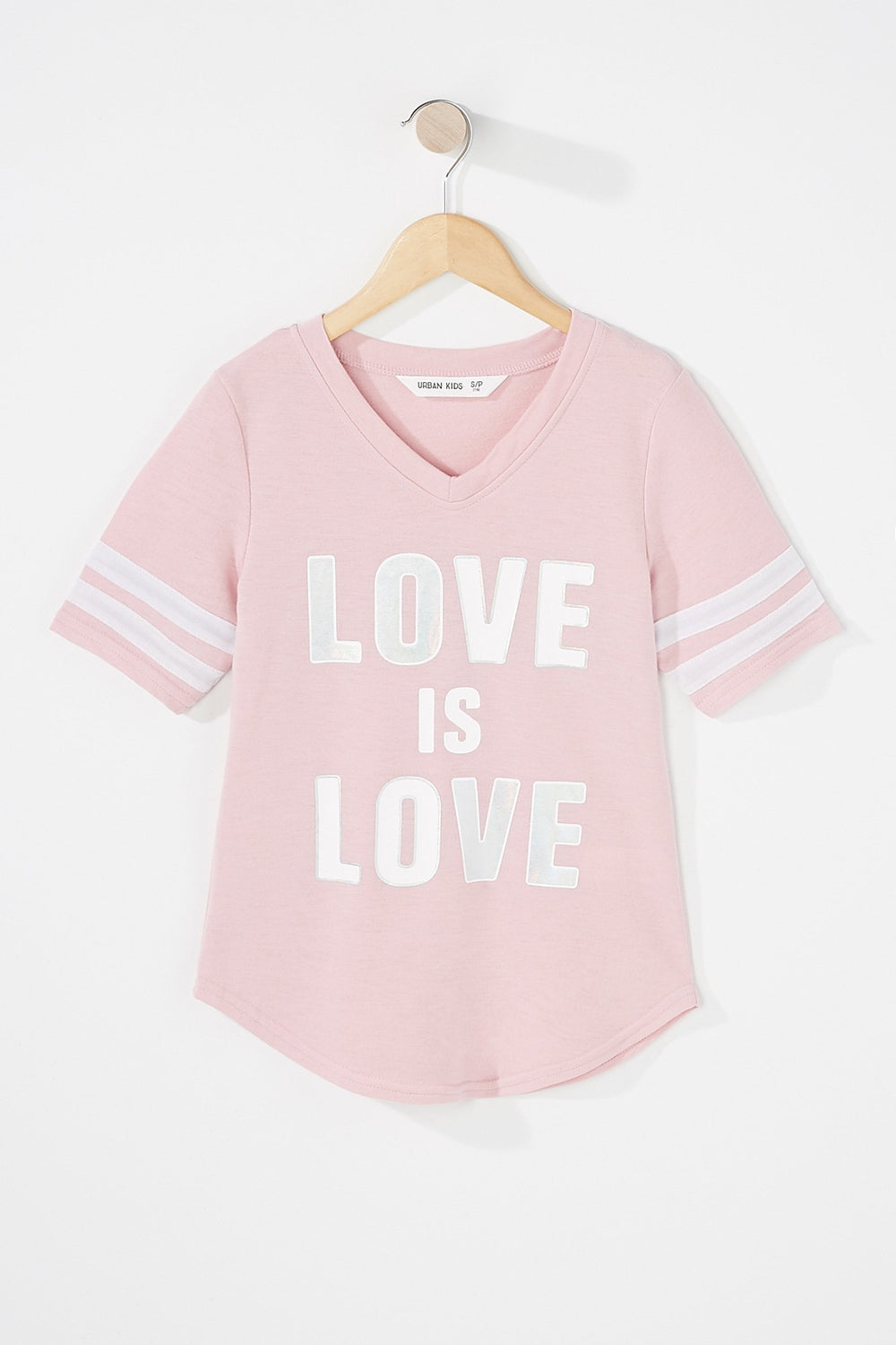 Kids T-shirt imprimé rayé de style universitaire à encolure en V pour fille Rose poudré