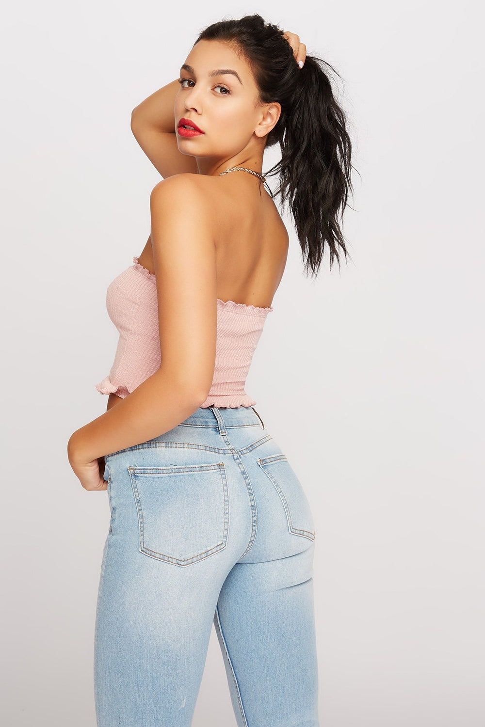 Women Bustier tubulaire ruché sans bretelles avec attache Rose
