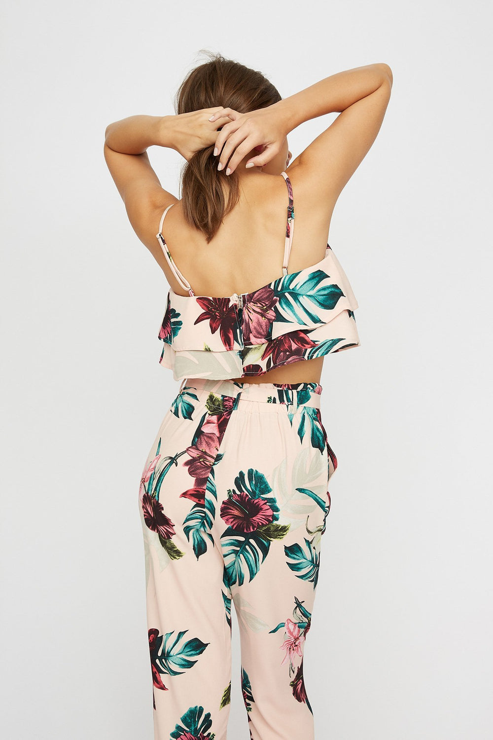 Women Camisole courte volantée fleurie à encolure en V Rose