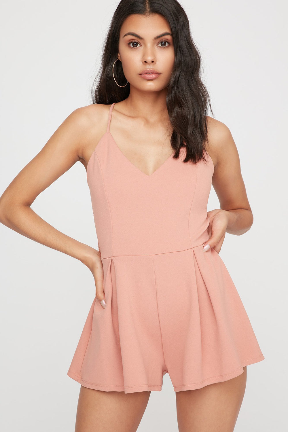 Women Combi-short plissé avec dos en dentelle et encolure en V Rose