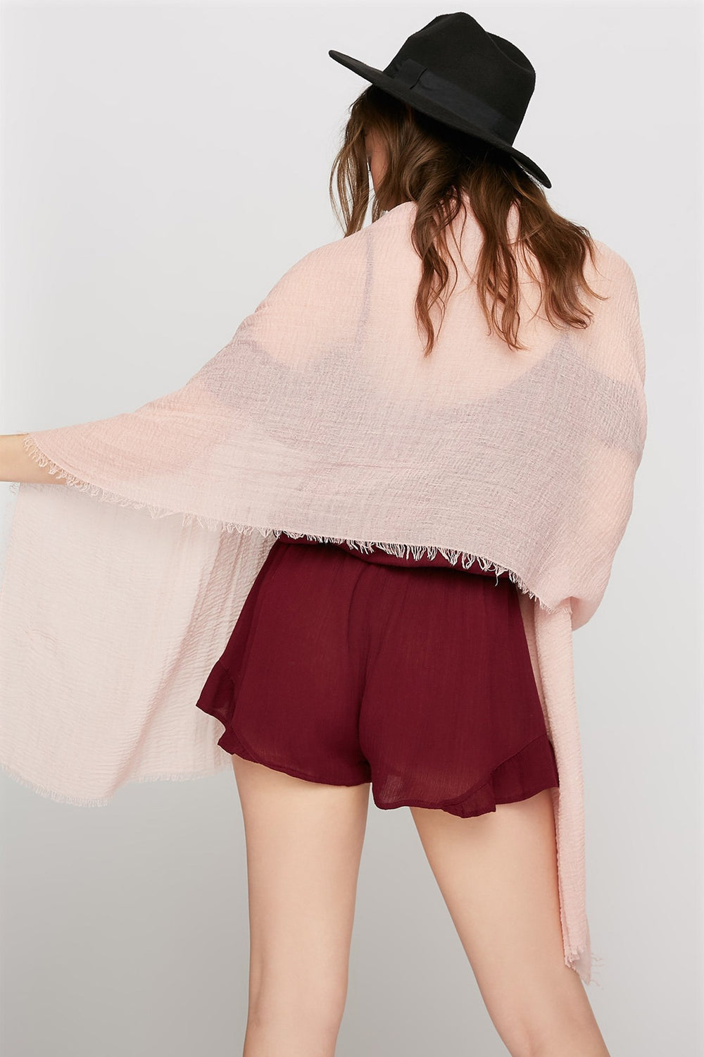 Women Écharpe longue diaphane avec franges Rose