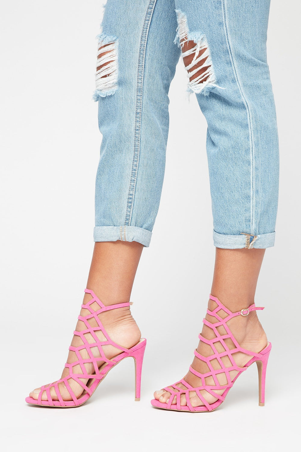 Women Escarpins à talons hauts avec motifs de cage géométriques en similisuède Rose
