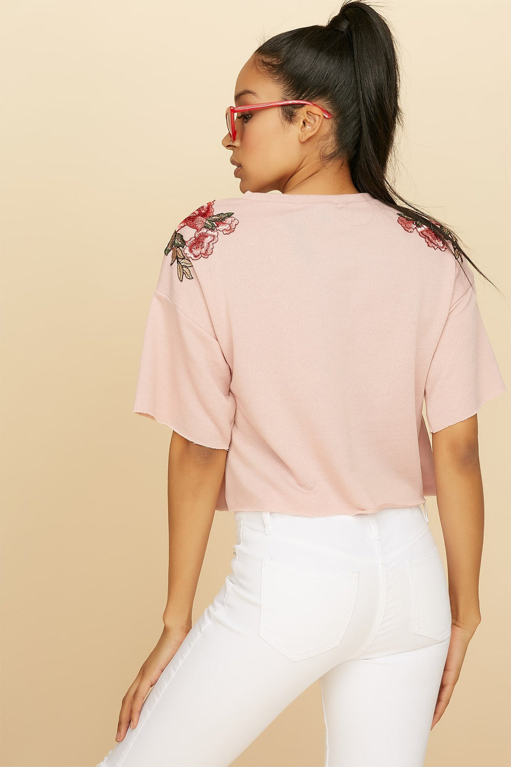 Women Floral Embroidered Cropped Popover Sweater Rose